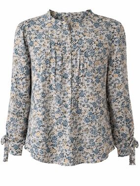 LOFT Women's Floral Button-Front Blouse in Blue and Yellow Tie detail on sleeves